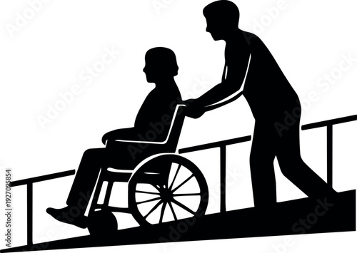 silhouette depicts a caregiver pushing a person in a wheelchair up an accessible ramp with handrails.
