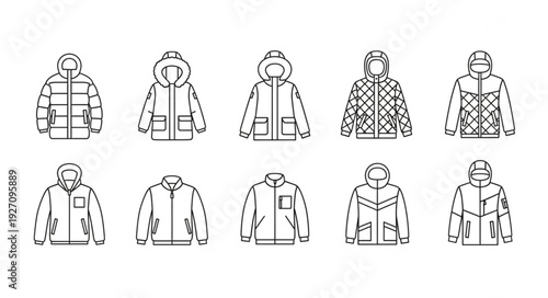 Outline drawings of various winter jackets and coats with hoods.