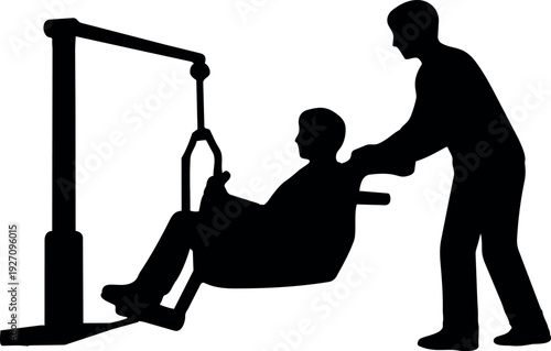 silhouette illustration shows a caregiver assisting a person using a patient lift device for mobility support.