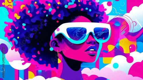 Vibrant abstract character portrait with glowing neon hair and high-tech reflective eyewear, set amidst dynamic explosion of electrifying colors.