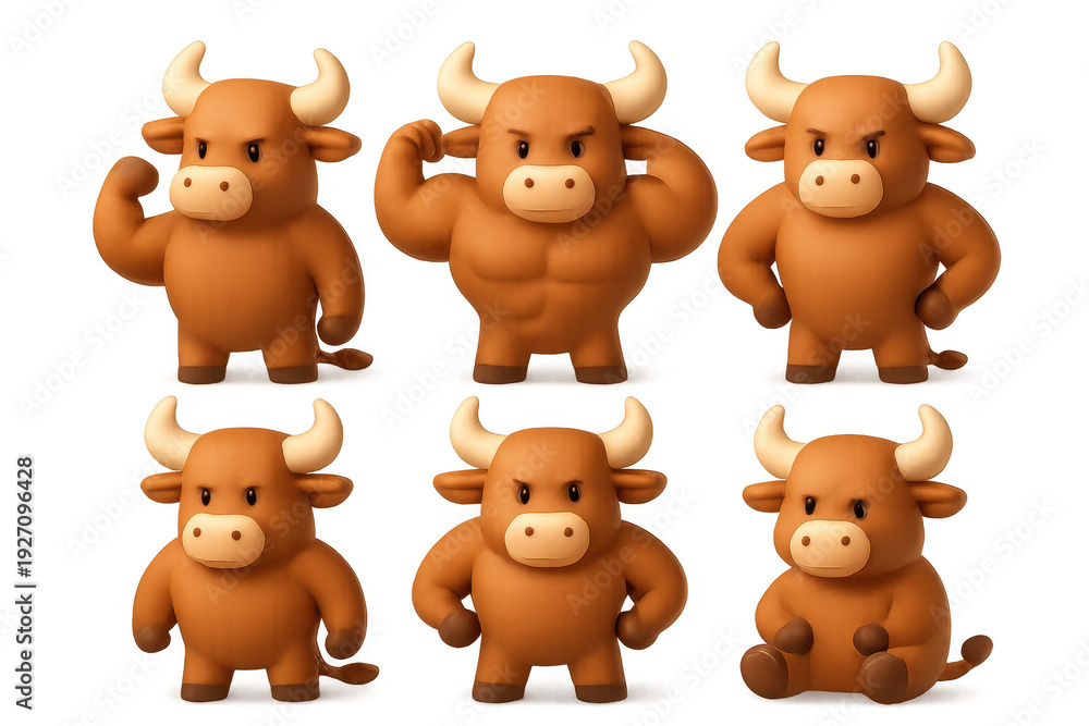 Fototapeta premium Cute cartoon bull characters showing different poses and emotions