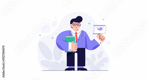 A stylized businessman in a blue suit holds a green book and a card