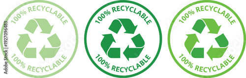 Three green recyclable labels with recycling symbols green labels eco-friendly sustainable