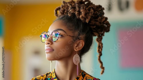 Young Woman with Loc Hairstyle Wearing Large Fashion Eyewear and Ornate Dangle Earring Against Bright Color Block Setting