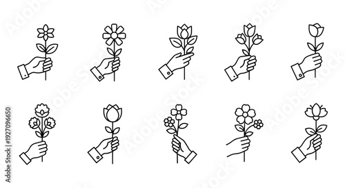 Set of 10 hand holding flower icons vector