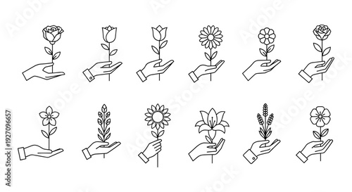 Set of 10 hand holding flower icons vector