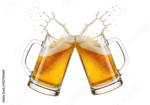 Two glasses of beer clinking in a toast with foam splashes on transparent background