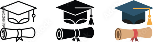 Education icon set. Includes graduation cap, diploma, and scroll symbols. Created in simple line style with black and blue palette.