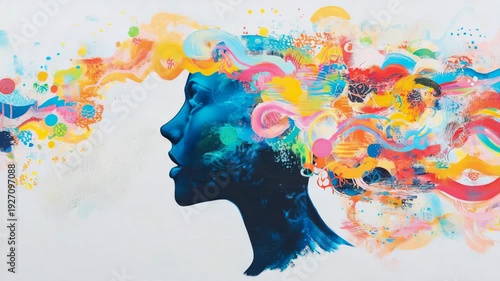 Abstract representation of human profile with cascade of vibrant, colorful thoughts and emotions erupting from head, symbolizing creativity and imagination, set against minimalist white canvas.