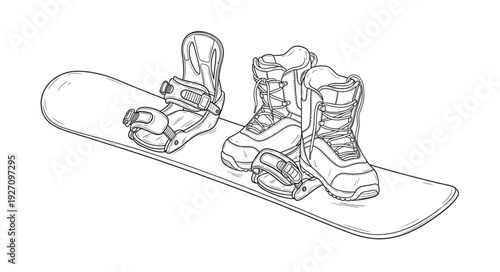 Line drawing of a snowboard with bindings and boots attached.