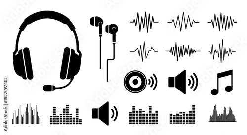 Audio icons set with headphones sound waves and equalizer bars