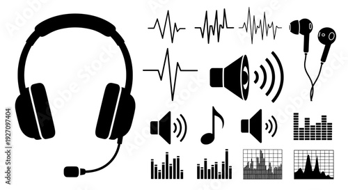 Audio icons set with headphones sound waves and equalizer bars
