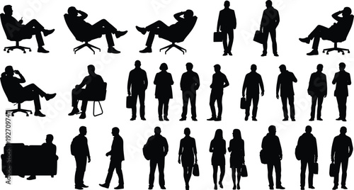 Business people silhouette set office workers standing sitting walking corporate professionals isolated on white