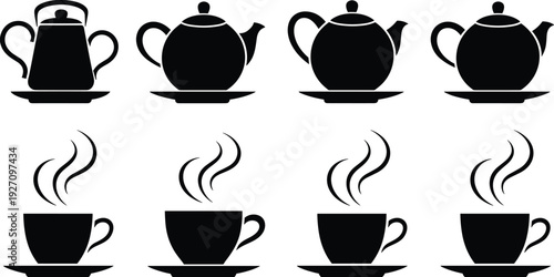 Black teapot and coffee cup silhouette set, steaming hot beverage icons collection, isolated vector illustration on white background, kitchen drinkware symbols for cafe menu design