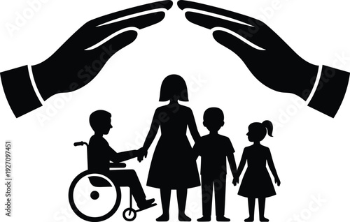 Family protection silhouette with disabled child in wheelchair, social care insurance concept vector illustration, parental support hands isolated on white background safety symbol
