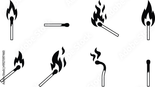 Burning matchstick silhouette set, fire flame ignition stages vector illustration, match icon collection isolated on white background for safety warning and hazard design