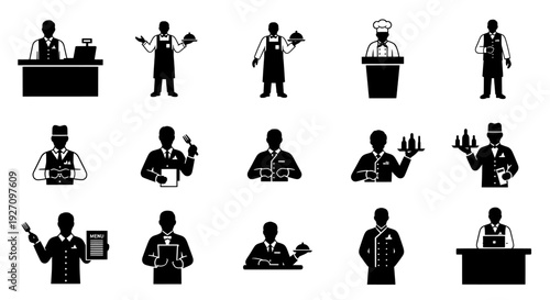 Waiter and restaurant staff service icon set