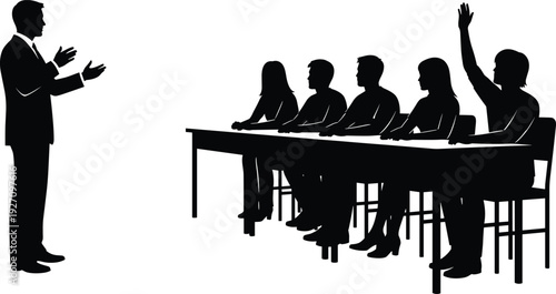 Business presentation meeting silhouette with speaker and audience raising hand during corporate training session