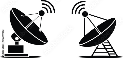 Satellite dish antenna silhouette set, radio telescope communication technology vector illustration, wireless signal transmission icons isolated on white background for telecom broadcast design