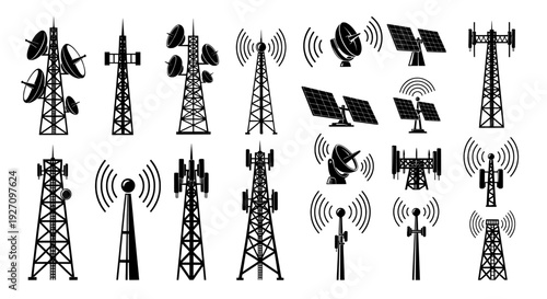 Antenna icons set for telecommunication and radio signal