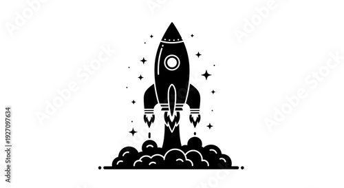 Rocket ship launch silhouette with stars and exhaust cloud