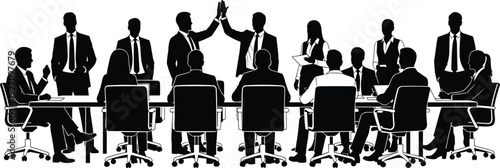 Business team meeting silhouettes with executives celebrating success and discussing strategy in office boardroom