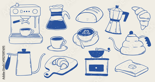 Coffee monochrome line art elements collection for vintage posters, cards, banners, branding, menu decor, stickers, prints, etc. EPS 10