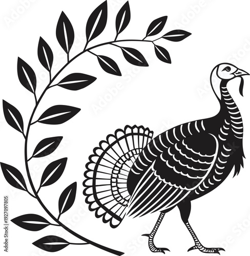 A stylized illustration of a turkey, predominantly black and white, is depicted against a stark white background. The turkey is positioned on the right side of the frame and is shown in profile, walki