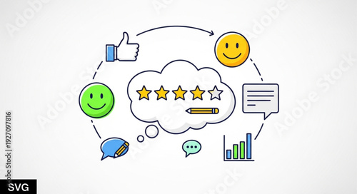 Hand drawn customer feedback and experience concept with rating stars and icons.
