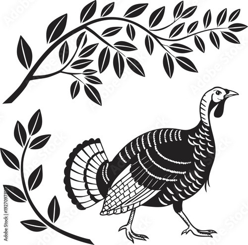 A stylized illustration of a turkey, predominantly black and white, is depicted against a stark white background. The turkey is positioned on the right side of the frame and is shown in profile, walki