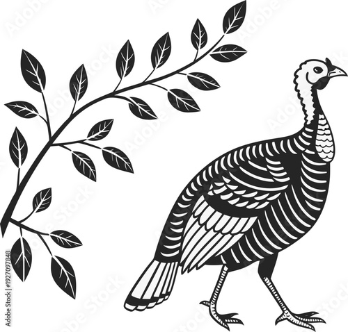 A stylized illustration of a turkey, predominantly black and white, is depicted against a stark white background. The turkey is positioned on the right side of the frame and is shown in profile, walki