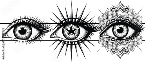 Decorative mystical eye set with starburst and mandala elements detailed vector illustration collection