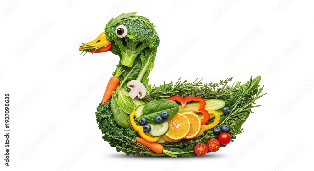 Fototapeta premium Creative duck made from fresh vegetables