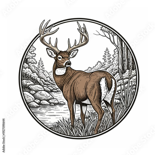 Hand drawn whitetail deer buck in nature forest river landscape round emblem vintage vector style