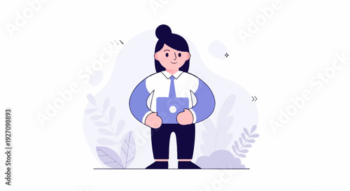 Cheerful person in professional attire holding a laptop