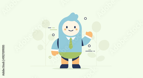 Friendly cartoon character in business attire with arms raised, against a pale green background