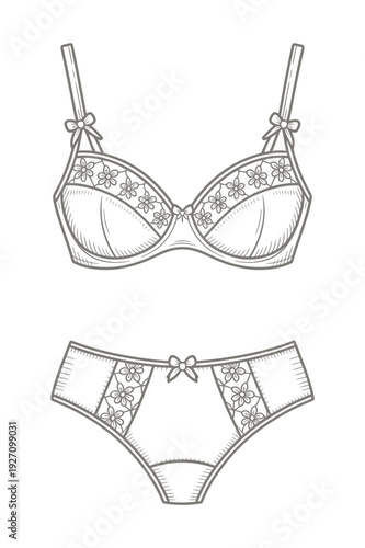 Lingerie Set Line Art Bra and Panties with Floral Lace Detail and Bows Isolated Stock Illustration