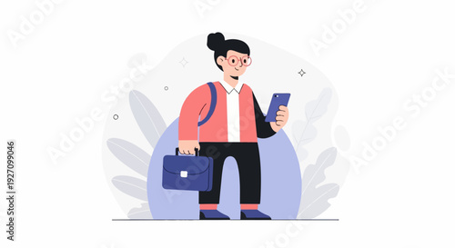 A person in casual business attire checks their phone while holding a briefcase and backpack