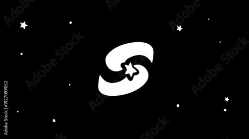 Abstract stylized letter S symbol with a central star, surrounded by twinkling stars in a cosmic black and white background. Minimal graphic design.