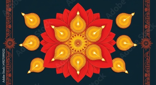Traditional Indian Diya Oil Lamps Arranged in a Mandala Pattern with a Lotus Flower Design for Diwali Festival Celebrations
