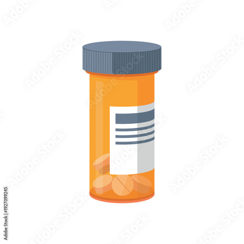 Orange prescription pill bottle with cap and pills inside isolated on white background