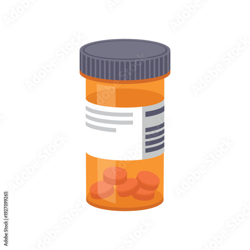Orange Pill Bottle With Cap And Labels Containing Tablets Isolated On White