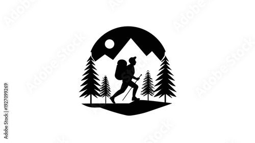 Hiking adventure silhouette icon with mountains, pine trees, and a backpacker. Outdoor nature exploration vector graphic design.