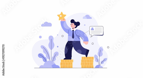 Animated figure climbs stacks of coins holding a star, with a speech bubble nearby