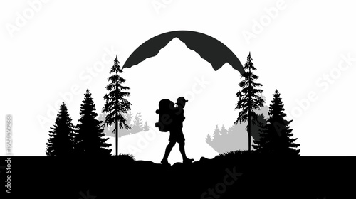 Hiker with backpack silhouette trekking through a forest landscape under mountains, symbolizing outdoor adventure, exploration, and travel.