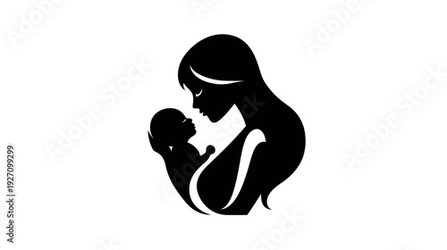 Silhouette of a loving mother holding her newborn baby with care and affection, representing maternity, family, and new life.