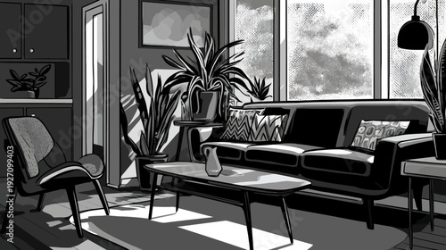Grayscale Mid-Century Modern Living Room Illustration with Plants, Sofa, and Coffee Table Bathed in Natural Light
