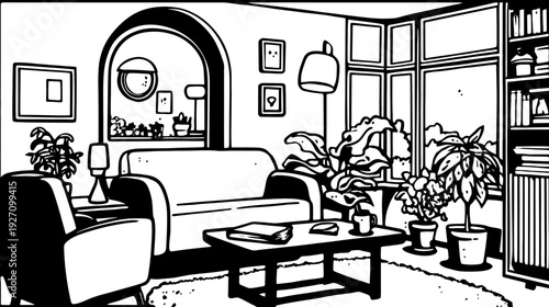 Cozy minimalist black and white line art illustration of a modern living room interior with numerous houseplants, sofa, and coffee table.
