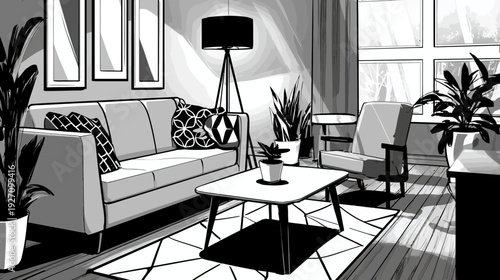 Bright Monochrome Illustration of a Modern Living Room Interior. Stylish Sofa, Potted Plants, Coffee Table, Sunny Home Decor.