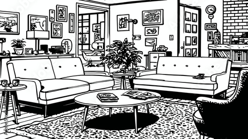 Hand-drawn black and white line art illustration of a stylish modern living room interior with sofas, coffee table, and decor